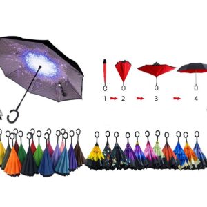 OMBRELLO INVERSO, REVERSIBILE, ANTIVENTO, DOPPIO STRATO, CON IMPUGNATURA C, ANTI UV (COLORI ASSORTITI)