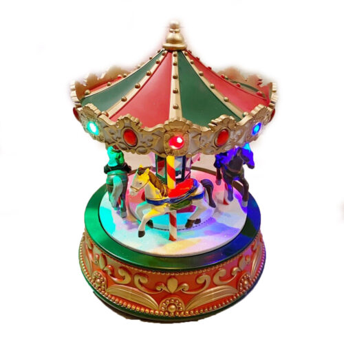 GIOSTRA CARILLON NATALIZIO CON CAVALLI LUCI COLORATE MUSICHE NATALE 18X18X20CM
