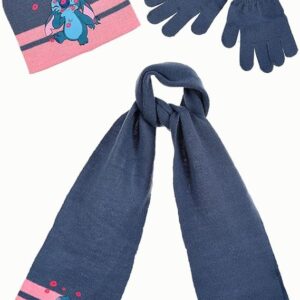 SET CAPPELLO, GUANTI, SCIARPA DI LANA STITCH BLU