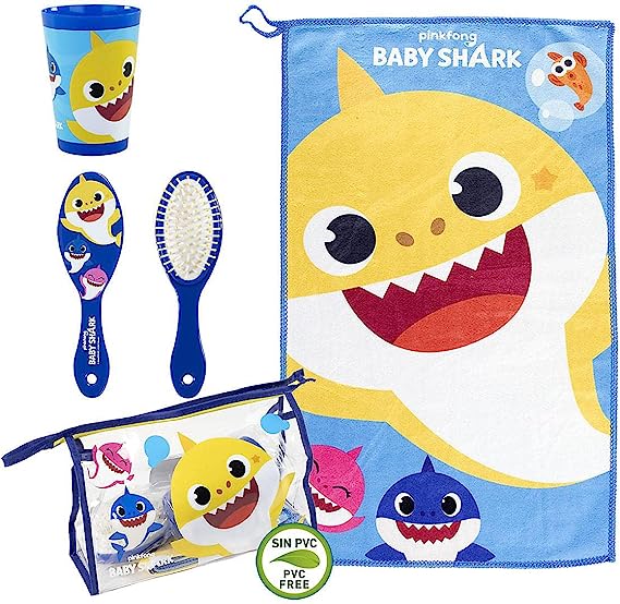 SET VIAGGIO BABY SHARK POCHETTE CON TOVAGLIETTA, BICCHIERE + SPAZZOLA