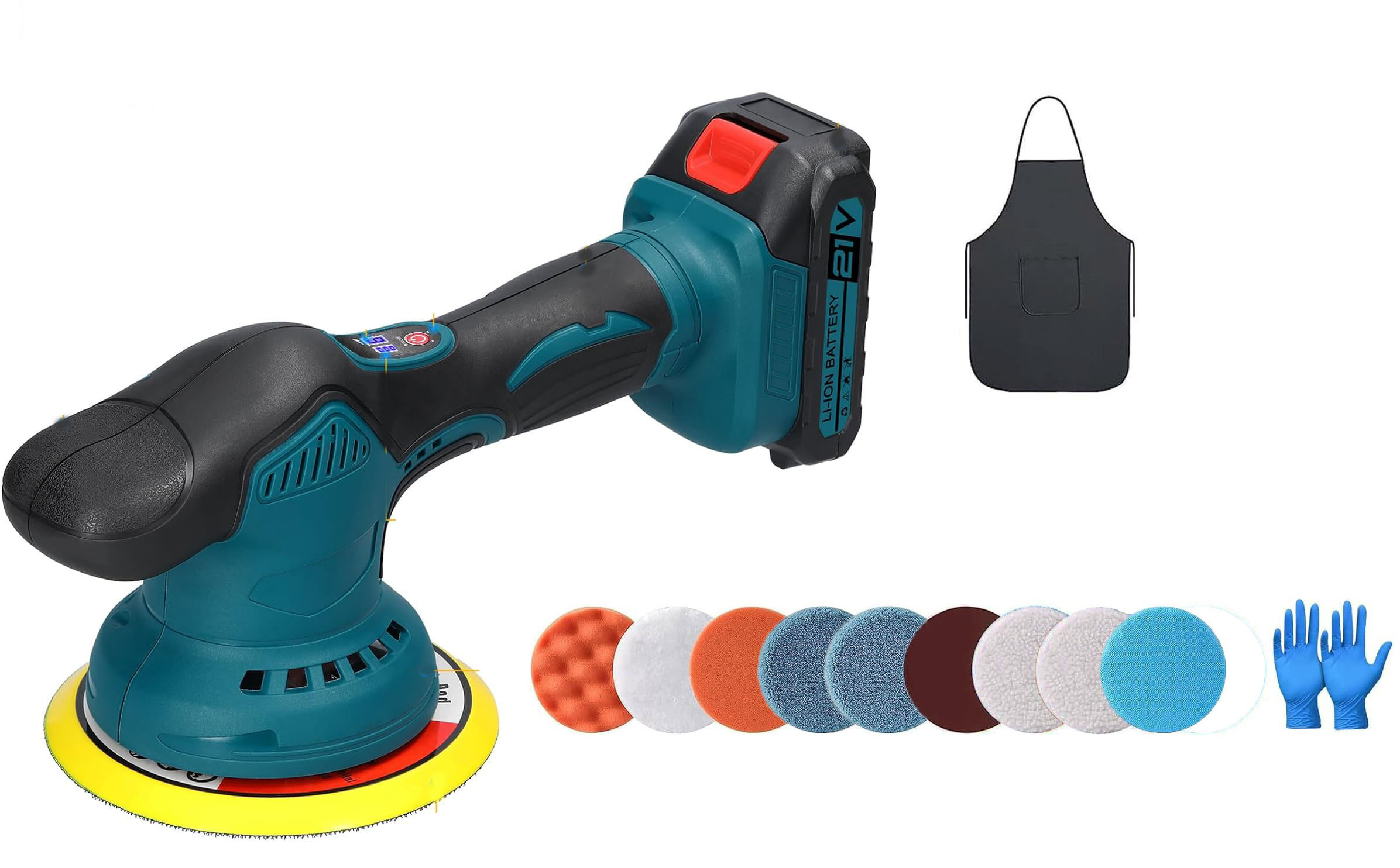 LUCIDATRICE A BATTERIA PER AUTO DA 6 POLLICI CON BATTERIA AL LITIO DA 21V 1500 MAH, ACCESSORI A VELOCITA' VARIABILE 5500 RPM