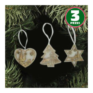 3 Appendini Natale In Legno E Ovatta Forma Stella Albero Cuore Con Scenario 16cm