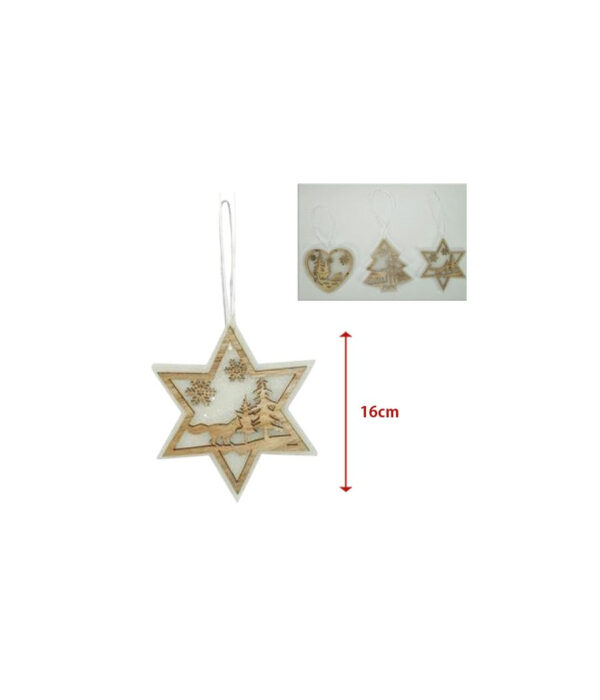 3 Appendini Natale In Legno E Ovatta Forma Stella Albero Cuore Con Scenario 16cm - immagine 2
