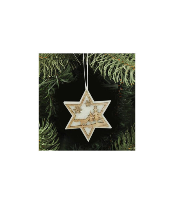 3 Appendini Natale In Legno E Ovatta Forma Stella Albero Cuore Con Scenario 16cm - immagine 3