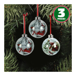 3 Palline Natalizie Trasparenti Con Stampa Babbo Natale Nastro Colore Rosso