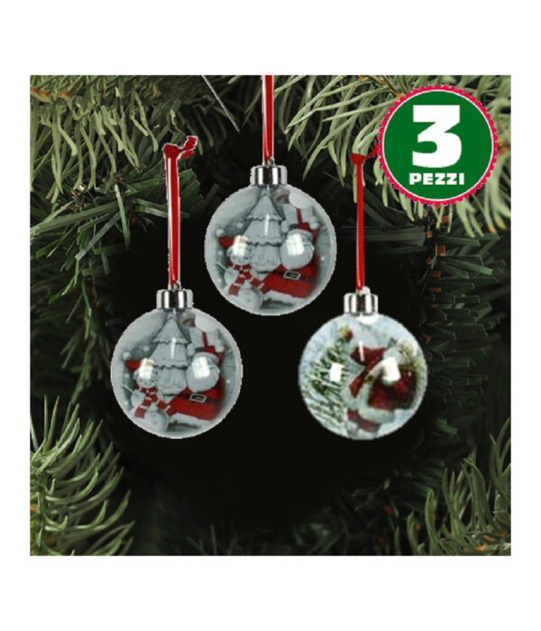 3 Palline Natalizie Trasparenti Con Stampa Babbo Natale Nastro Colore Rosso