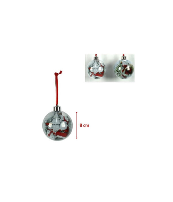3 Palline Natalizie Trasparenti Con Stampa Babbo Natale Nastro Colore Rosso - immagine 2