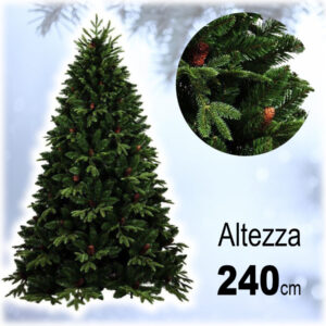 Albero Di Natale Folto Artificiale 240cm Verde Con Pigne 1444 Rami Base A Croce