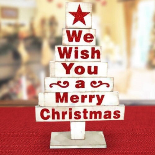 Albero In Legno Bianco Con Scritte Natalizie In Rosso 45cm Decorazioni Natalizie