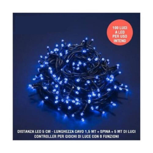 Catena Luci A Led Natalia 100 Led Lucciole Blu Con Controller 8 Funzioni Interno