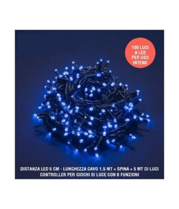 Catena Luci A Led Natalia 100 Led Lucciole Blu Con Controller 8 Funzioni Interno