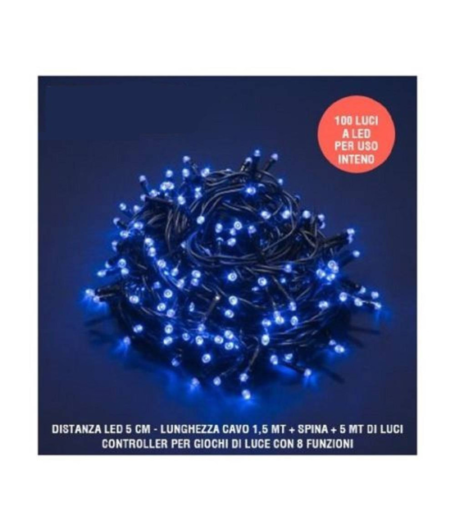Catena Luci A Led Natalia 100 Led Lucciole Blu Con Controller 8 Funzioni Interno