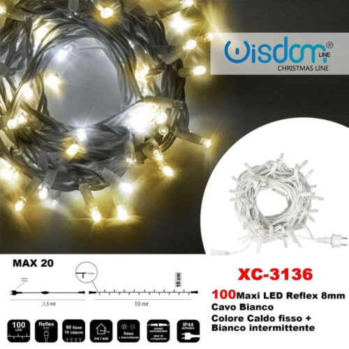Catena Luminosa 100 Luci Led Lucciole Caldo Fisso + Bianco Intermittente Xc-3136