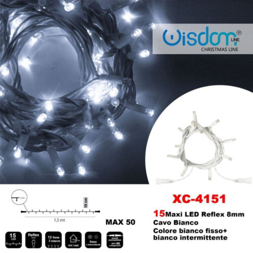 Catena Luminosa 15 Luci Led Lucciole Bianco Fisso + Bianco Intermittente Xc-4151