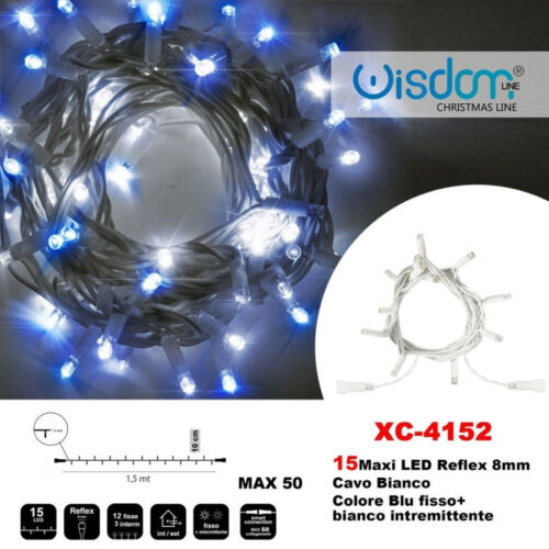 Catena Luminosa 15 Luci Led Lucciole Blu Fisso + Bianco Intermittente Xc-4152