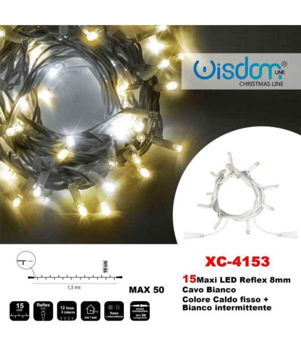 Catena Luminosa 15 Luci Led Lucciole Caldo Fisso + Bianco Intermittente Xc-4153
