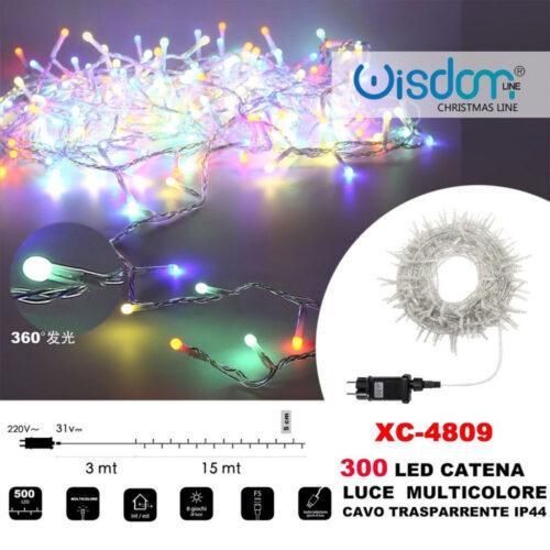 Catena Luminosa 300 Luci Led Lucciole Luce Multicolore Cavo Trasparente Xc-4809