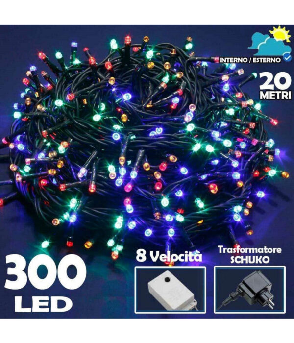 Catena Luminosa 300 Luci Led Lucciole Multicolore Controller 8 Funzioni Esterno