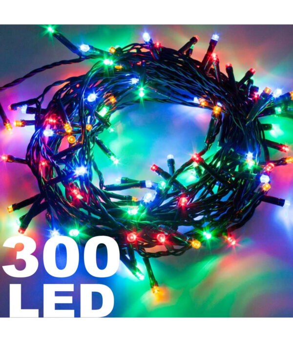 Catena Luminosa 300 Luci Led Lucciole Multicolore Controller 8 Funzioni Interno