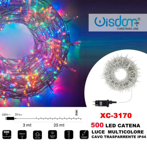 Catena Luminosa 500 Luci Led Lucciole Luce Multicolore Cavo Trasparente Xc-3170