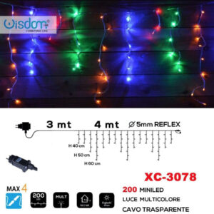Tenda Luminosa Natalizia 200 Miniled Luce Multicolore Cavo Trasparente Xc-3078