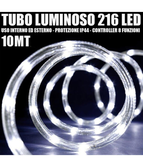 Tubo Luminoso 216 Led Bianco Freddo 10 Mt 3vie Uso Interno/esterno + Controller