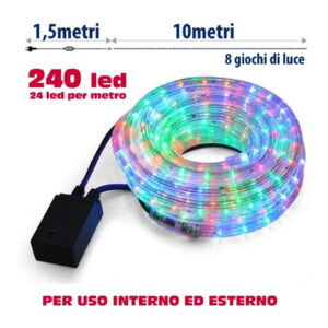 Tubo Luminoso Natalizio 10 Metri Led Multicolor Controller 8 Funzioni X Esterno