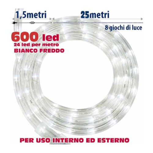 Tubo Luminoso Natalizio 25mt Led Bianco Freddo Con Controller 8 Funzioni