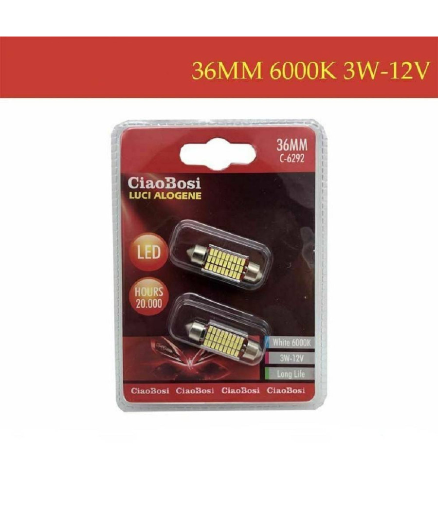 2 Lampadine Lampade Ricambio Per Luci Interni Auto 36mm Led 6000k 3w 12v C-6292
