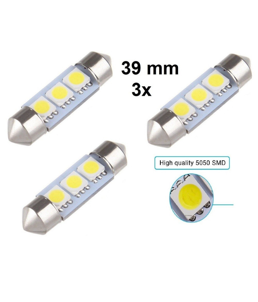 3 X Festoon Siluro 39 Mm Bulb 3 Led Smd C5w W5003 T11 5050 12v Auto Abitacolo
