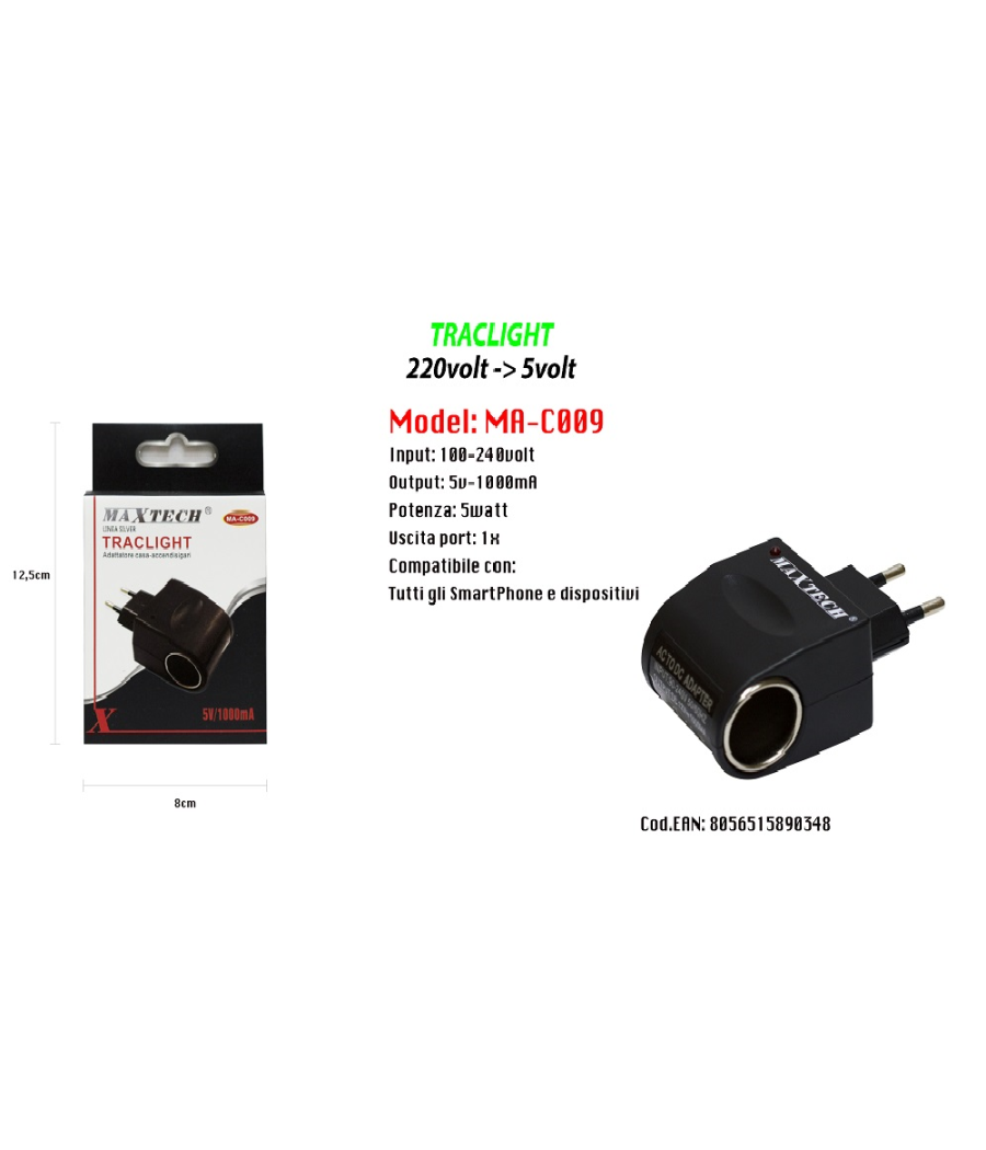 Adattatore Accendisigari Da Auto Casa Ricarica Smartphone Dispositivi 5v-1000ma Maxtech Ma-c009