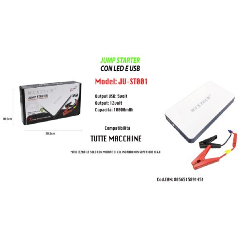 Avviatore Portatile Compatto Jump Starter Con Led Usb 10000mah Maxtech Ju-st001
