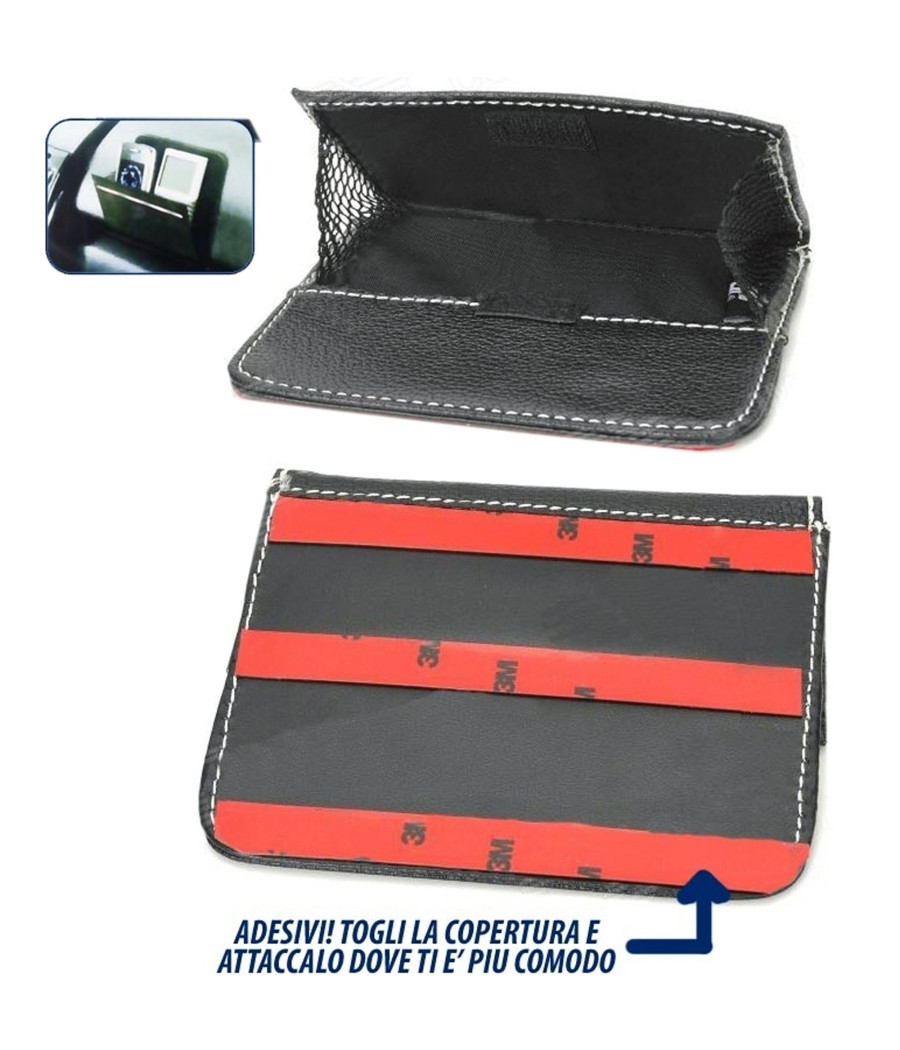 Borsa Porta Oggetti Smartphone Gps Chiavi Tasche Eco Pelle Nastro Adesivo Auto