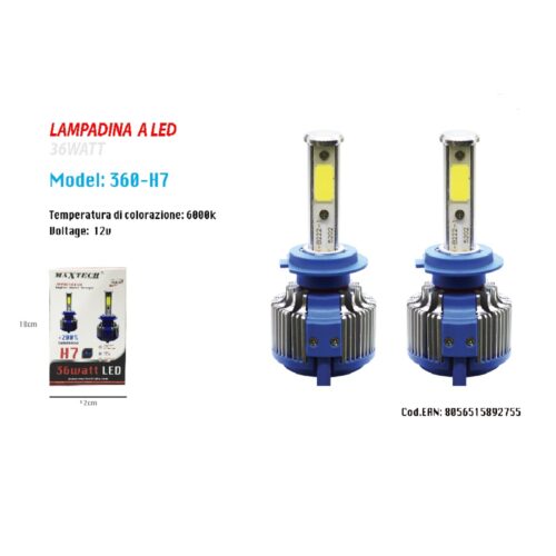 Coppia Lampade Fari Ricambio Auto H7 Maxtech 360-h7 Led 3800 Lumen 6000k 12v 36w