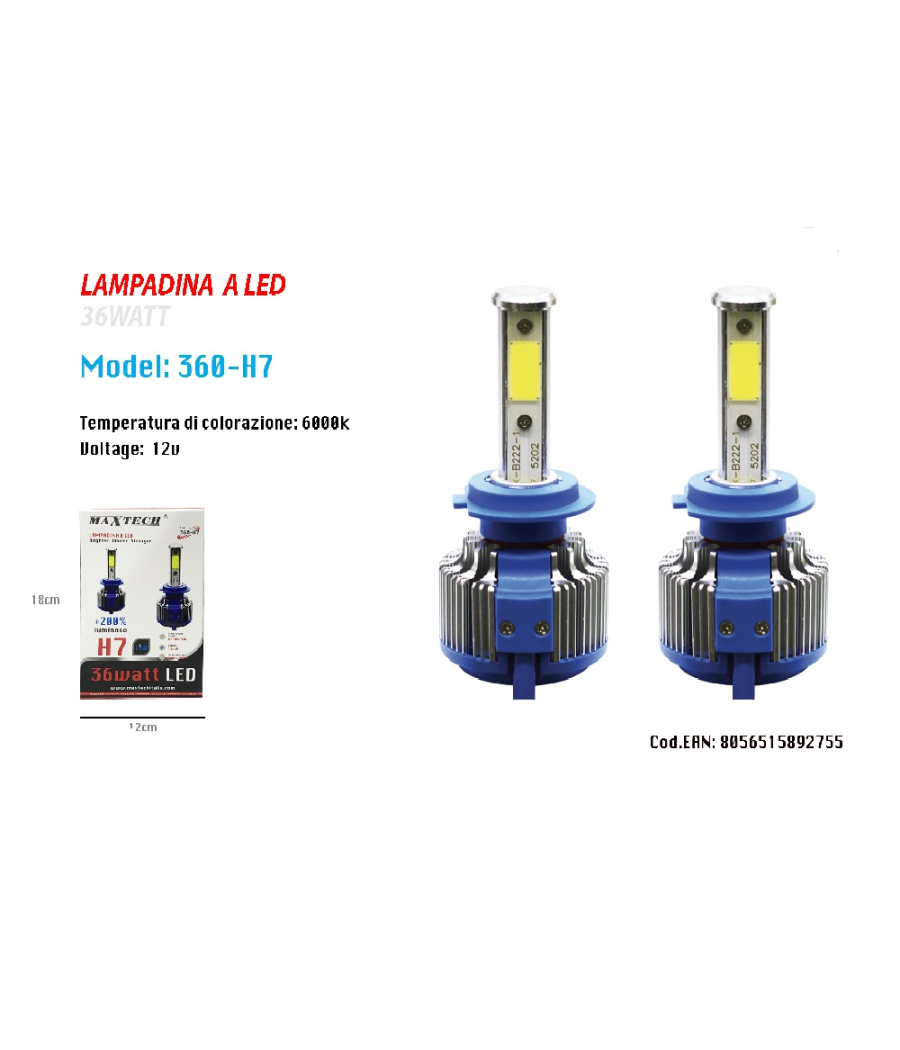 Coppia Lampade Fari Ricambio Auto H7 Maxtech 360-h7 Led 3800 Lumen 6000k 12v 36w