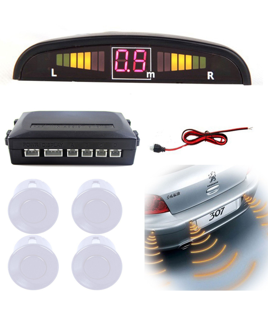 Kit 4 Sensori Di Parcheggio Auto Suv Display Led Cicalino Suono Bianchi
