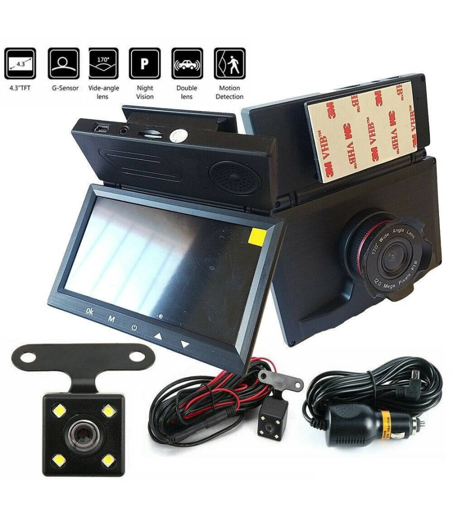 Kit Dvr Auto 2 Telecamere Videoregistratore Full Hd 1080p Monitor 4,3" Display Lc