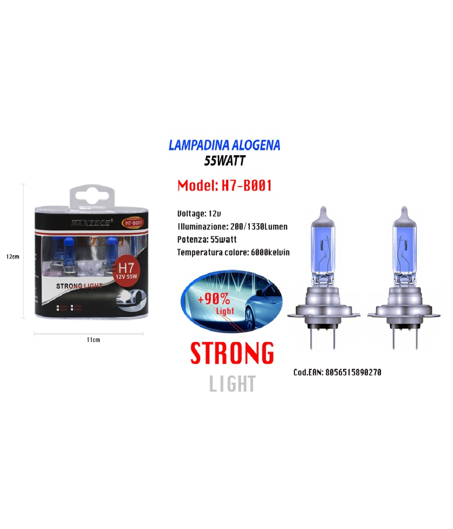 Lampadine Alogene Di Ricambio Per Auto H7 55watt 12v Luce Bianca Maxtech H7-b001