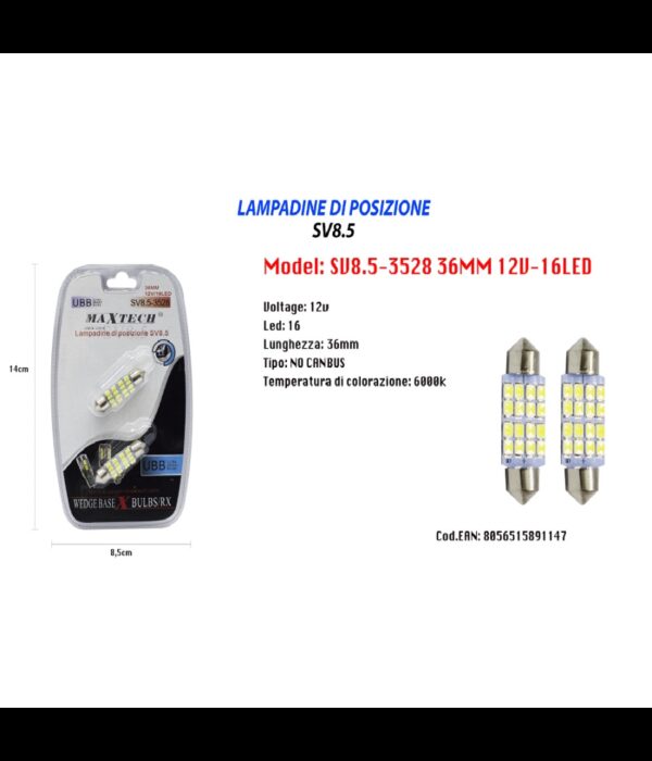 Lampadine Di Posizione 12v 16led 36mm Maxtech Sv8.5-3528 Lampadine Ultra Luminose