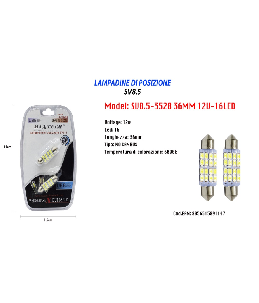 Lampadine Di Posizione 12v 16led 36mm Maxtech Sv8.5-3528 Lampadine Ultra Luminose