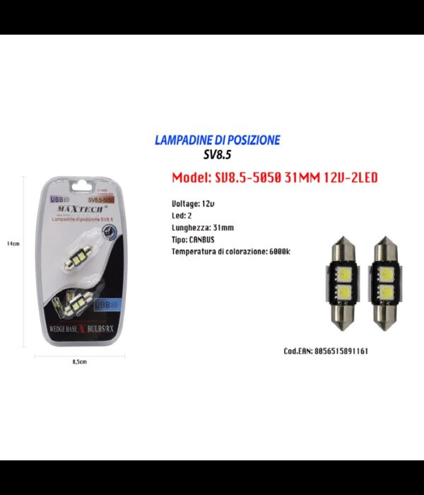 Lampadine Di Posizione Maxtech Sv8.5-5050 12v 2led 31mm Lampadine Ultra Luminose