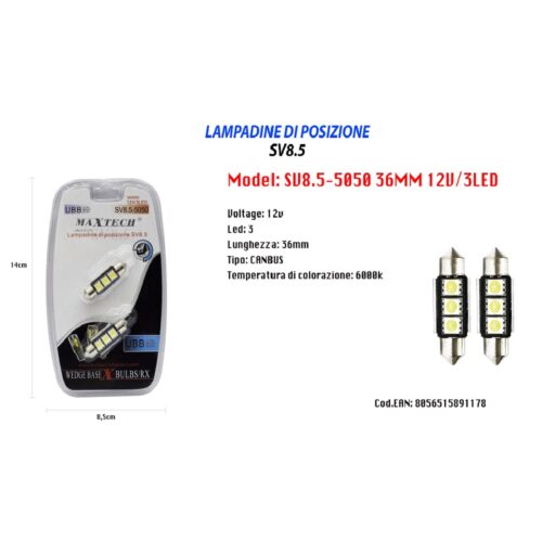Lampadine Di Posizione Maxtech Sv8.5-5050 12v 3led 36mm Lampadine Ultra Luminose