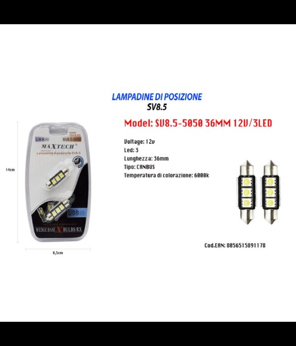 Lampadine Di Posizione Maxtech Sv8.5-5050 12v 3led 36mm Lampadine Ultra Luminose