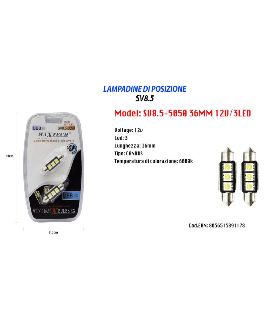 Lampadine Di Posizione Maxtech Sv8.5-5050 12v 3led 36mm Lampadine Ultra Luminose