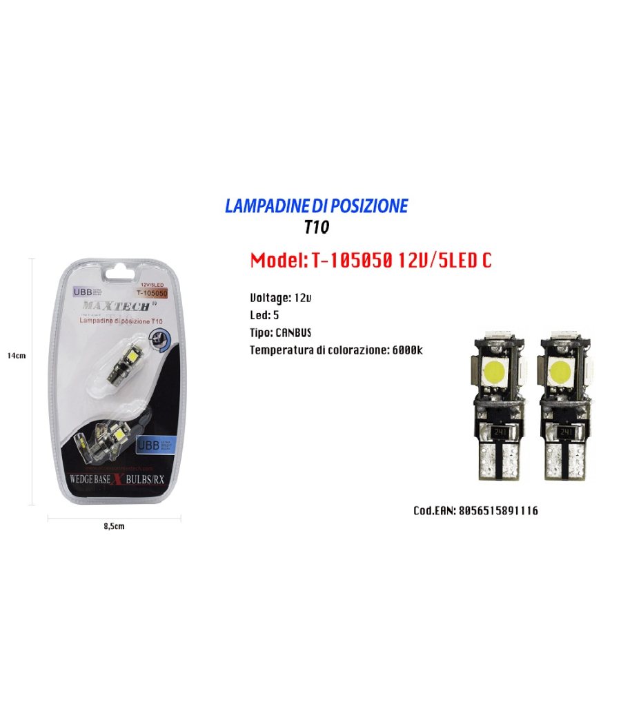 Lampadine Di Posizione T10 Maxtech T-105050 12v / 5led C Ultra Luminose Canbus