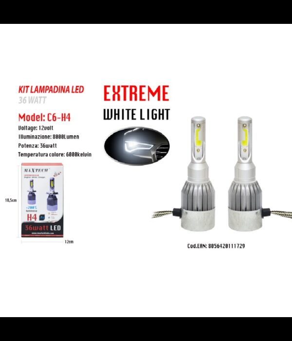 Led Auto E Moto Lampade Fari Maxtech H4 C6 Kit Lampadine 36w Luce Bianca 6000k