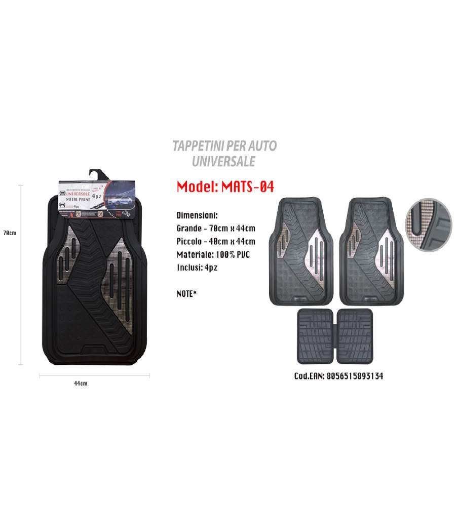 Tappetino Universale Auto Pvc Gomma Stampa Metallo Tappetini 4pz Maxtech Mats-04