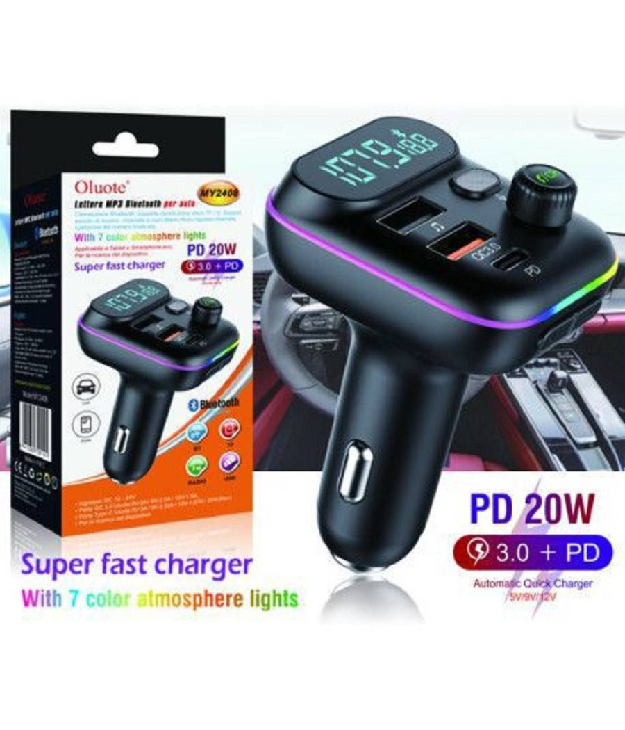 Trasmettitore Fm Bluetooth Auto 2 Porte Usb Led Tf Pd 20w Lettore Mp3 Rgb My2408