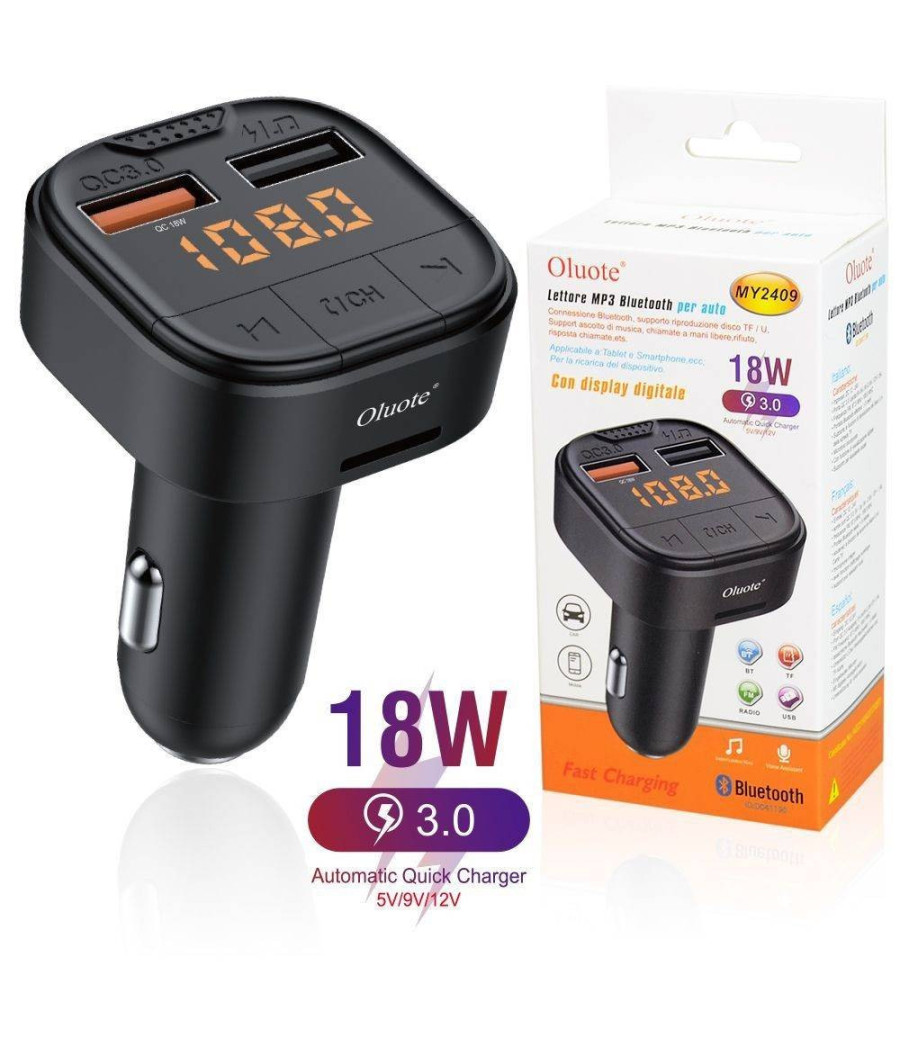 Trasmettitore Fm Bluetooth Per Auto 2 Porte Usb Led Tf Pd 18w Lettore Mp3 My2409