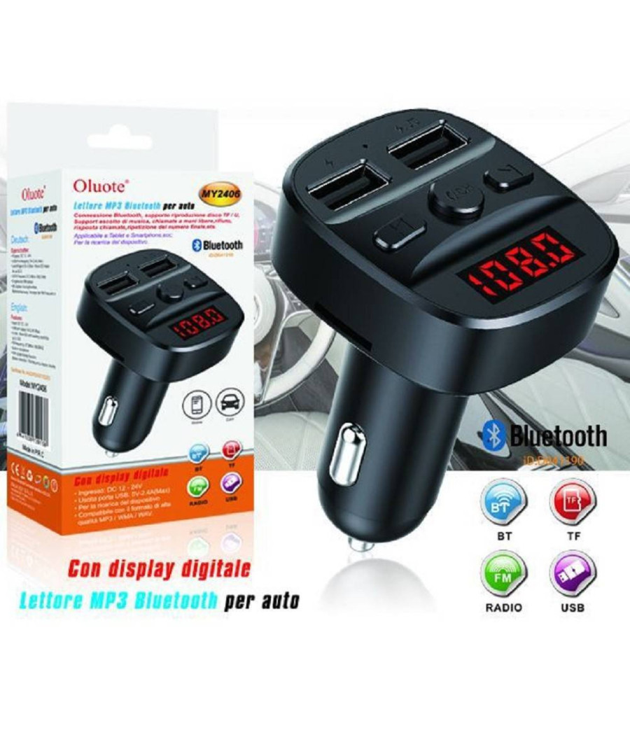 Trasmettitore Fm Bluetooth Per Auto 2 Porte Usb Led Tf Wma Lettore Mp3 My2406